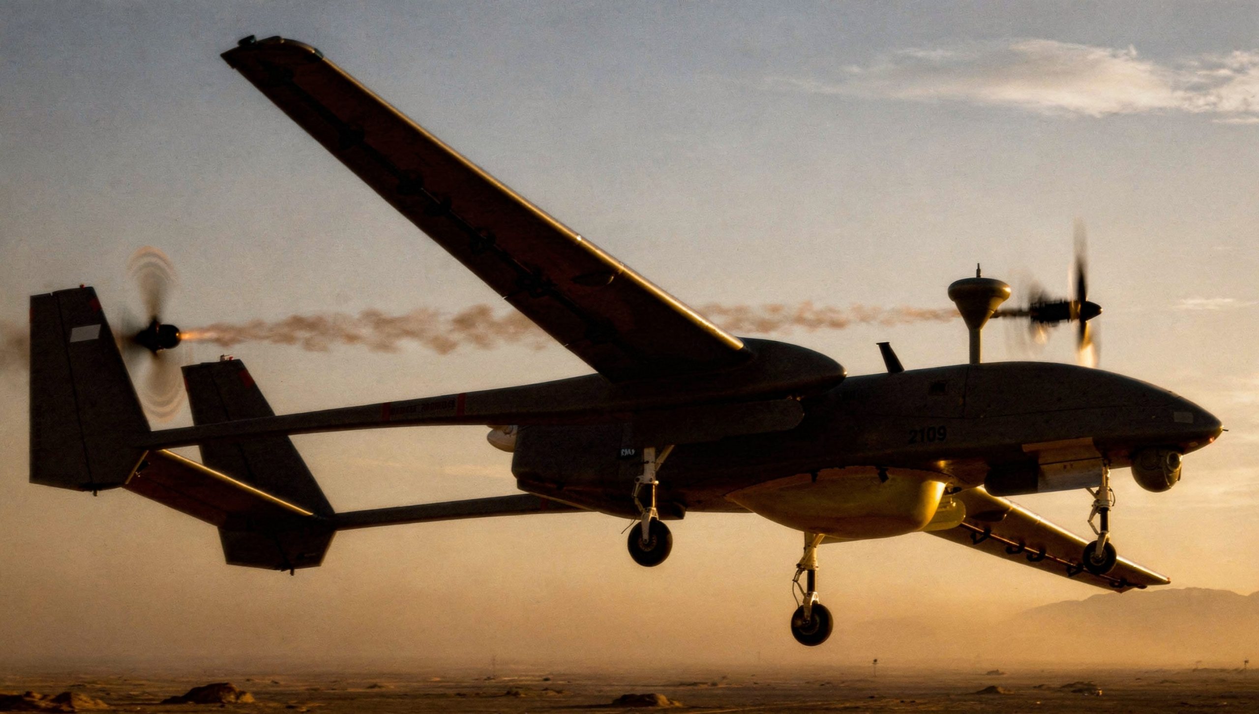 Military reconnaissance UAV at dusk exterior in Jerusalem.