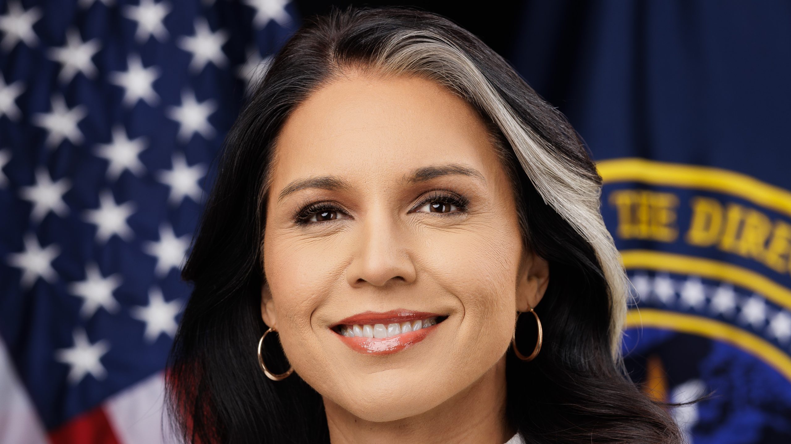 Official portrait of Tulsi Gabbard in formal attire as US Director of National Intelligence.
