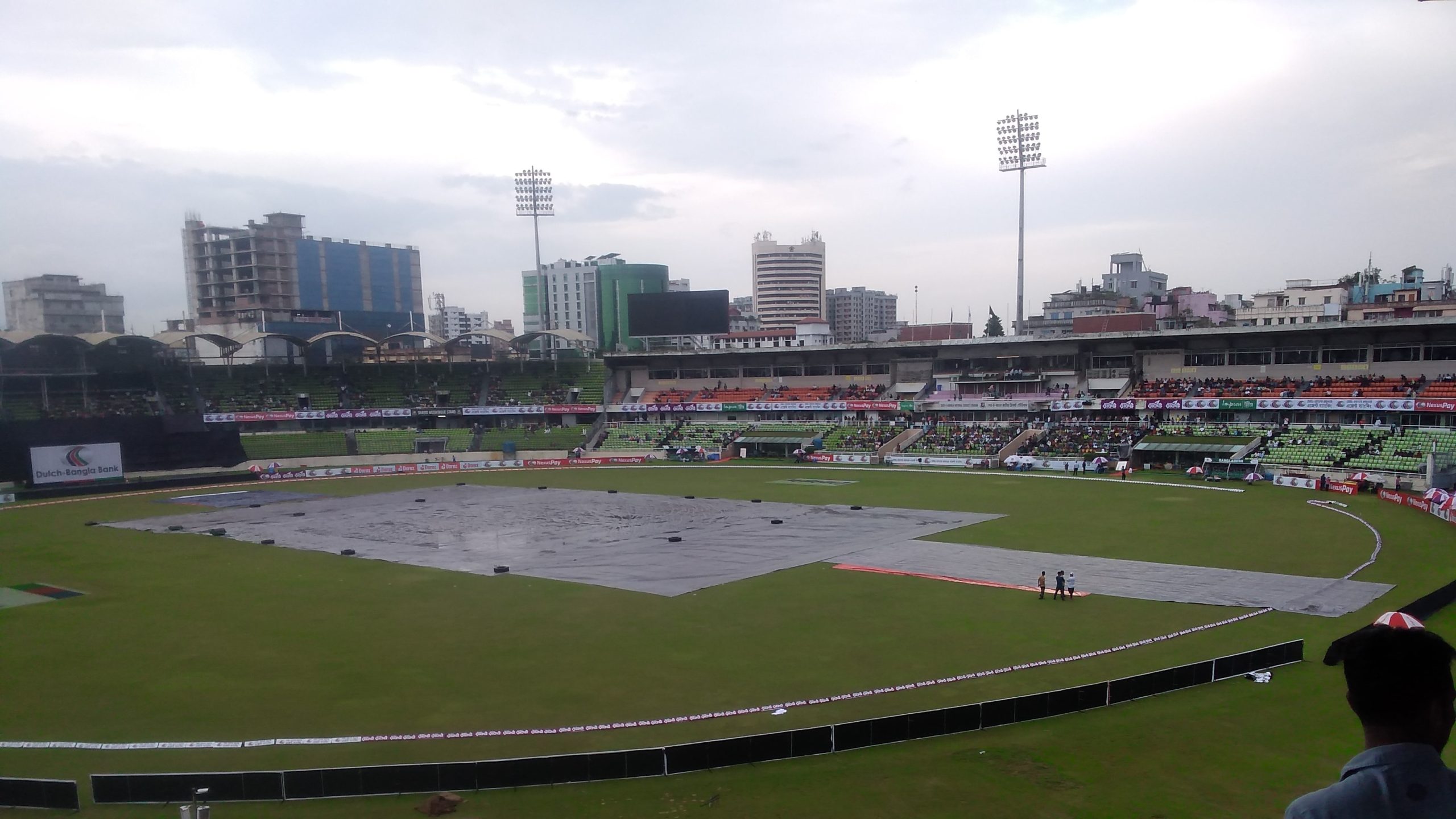 Sher-e-Bangla National Cricket Stadium in Mirpur during a rain delay.