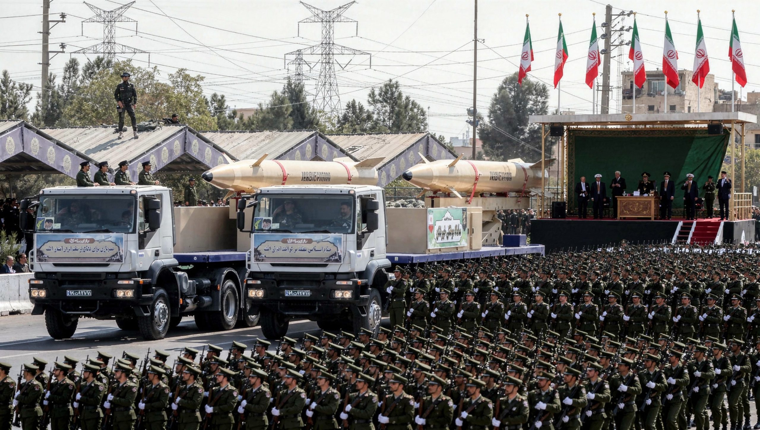 Iran military parade with ballistic missiles exterior in Tehran.