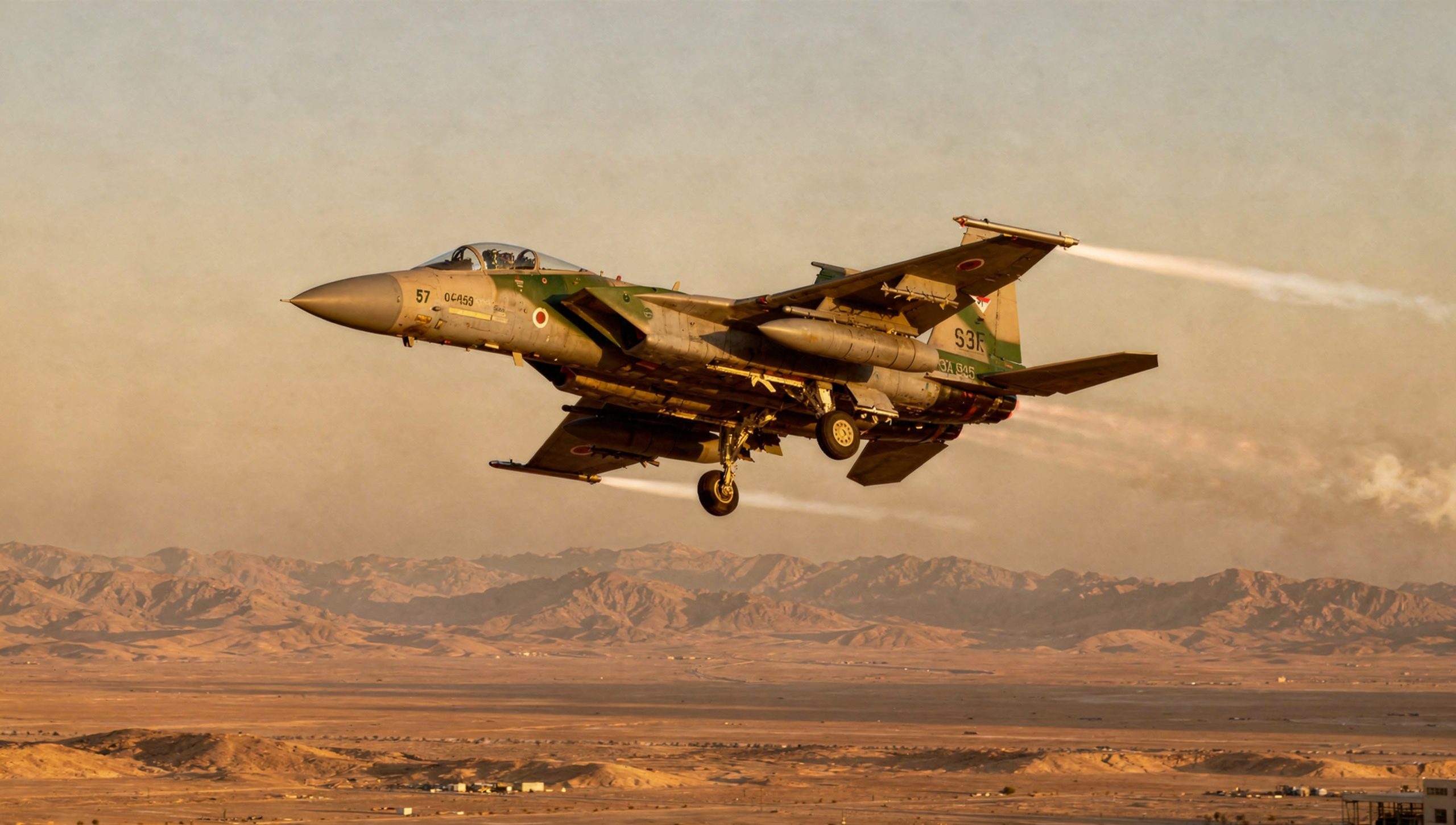 Saudi F-15 fighter aircraft in flight exterior in Riyadh.