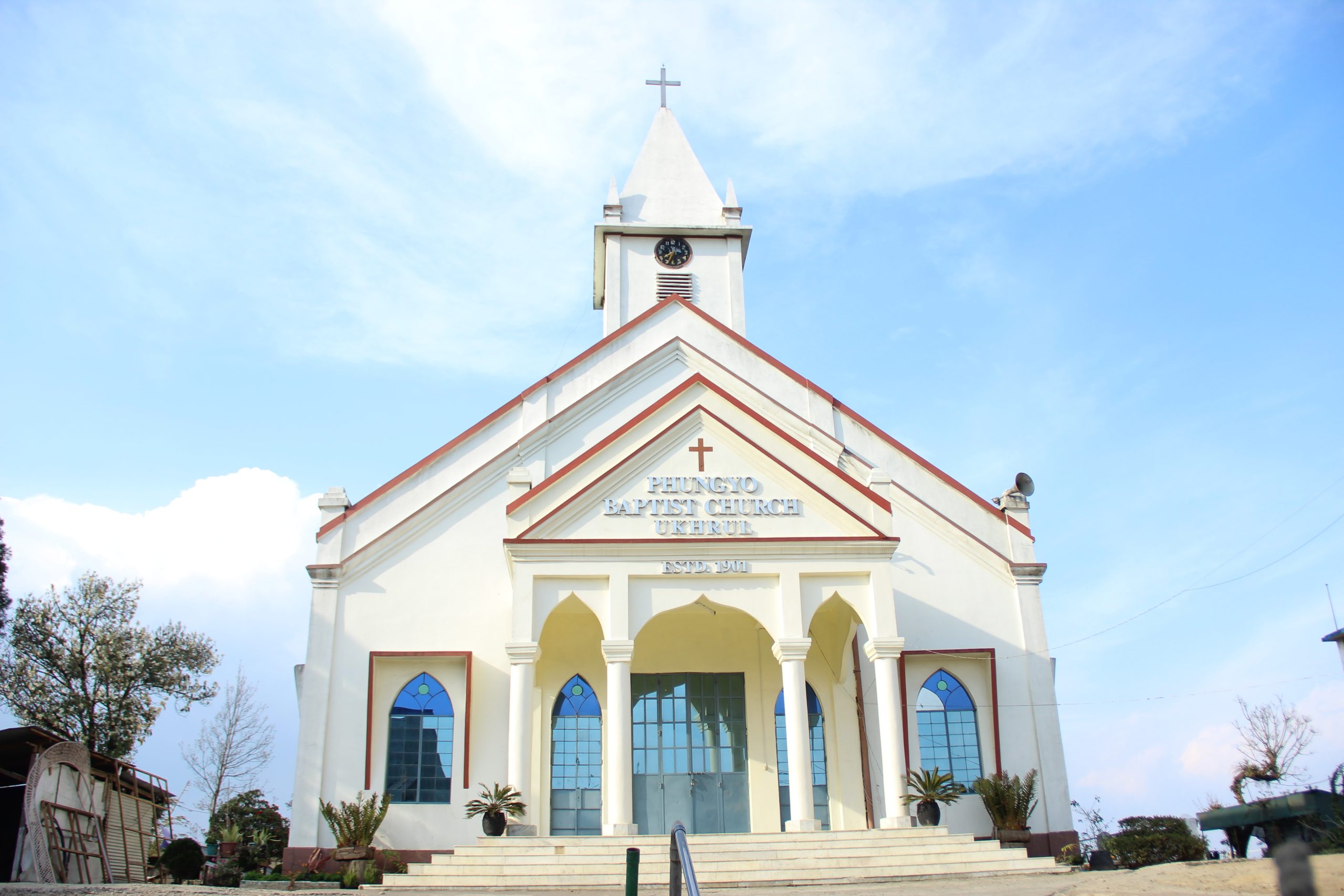 Phungyo Baptist Church, a white church building in Ukhrul, Manipur, India.