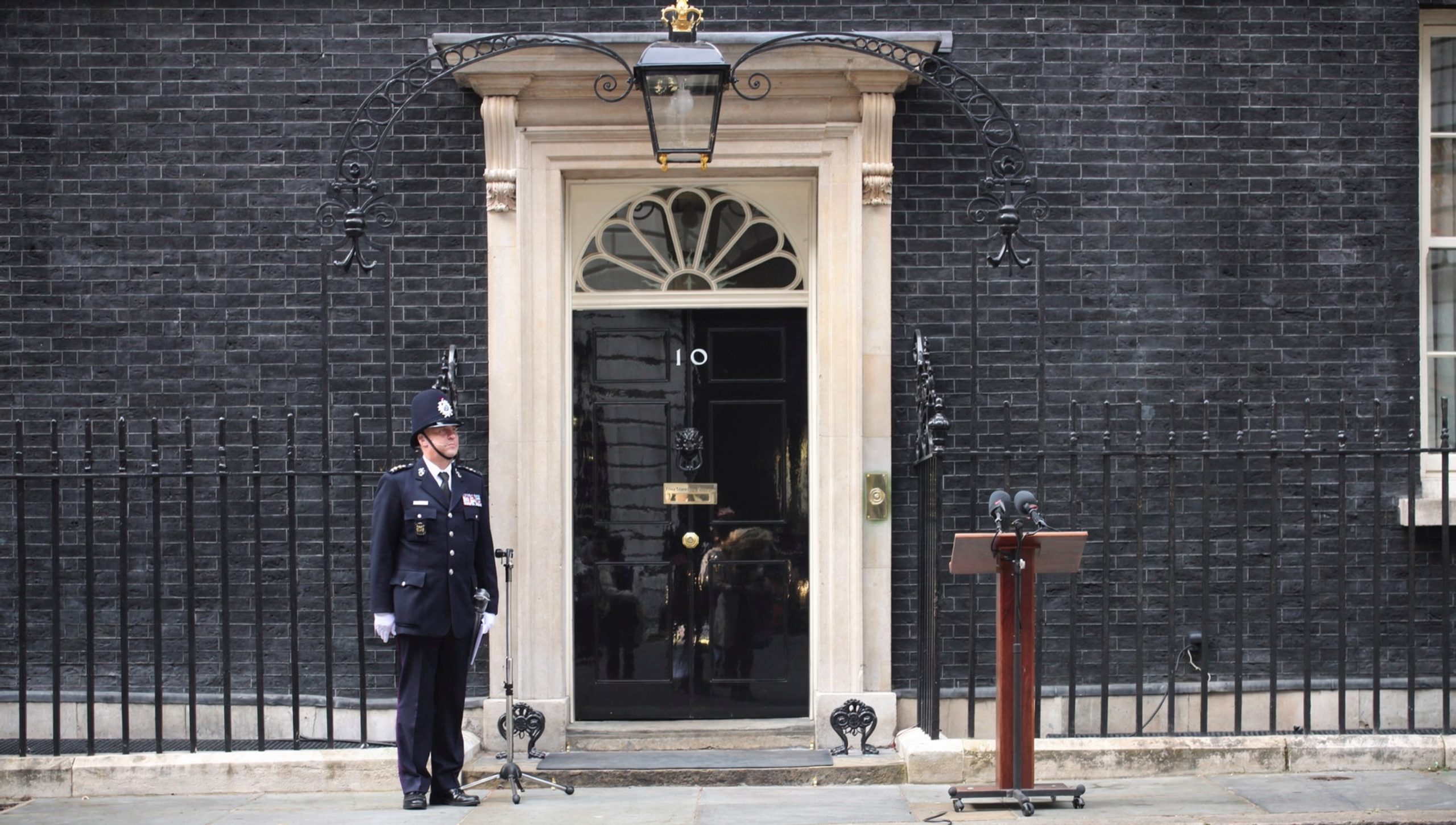 10 Downing Street British political moment exterior in London.