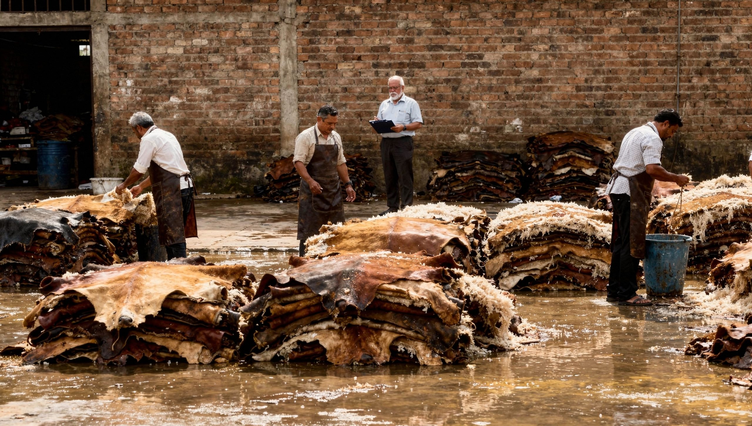 Bangladesh tannery workers process hides exterior in Dhaka.