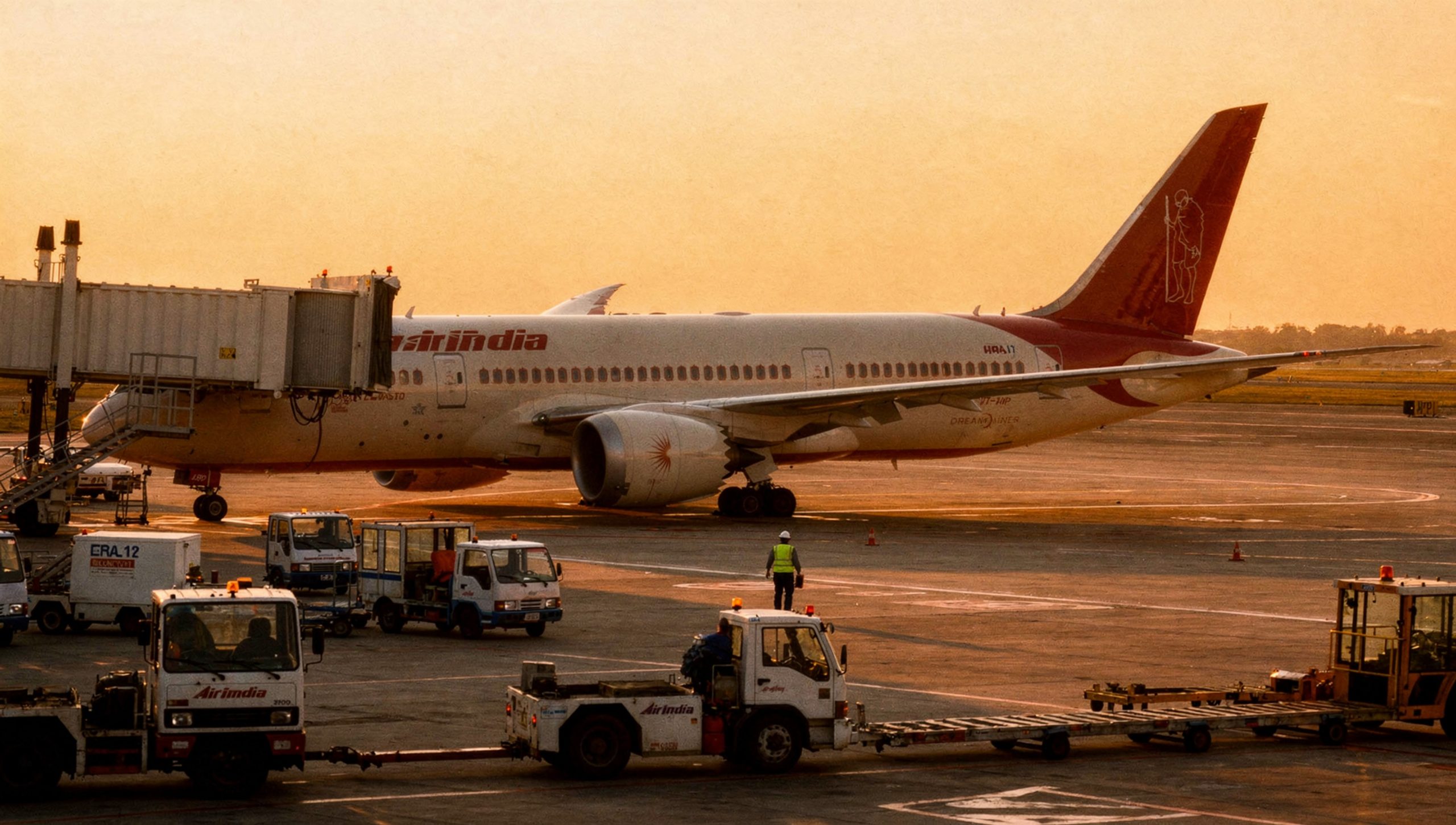 Air India Boeing 787 Dreamliner on tarmac exterior in New delhi.