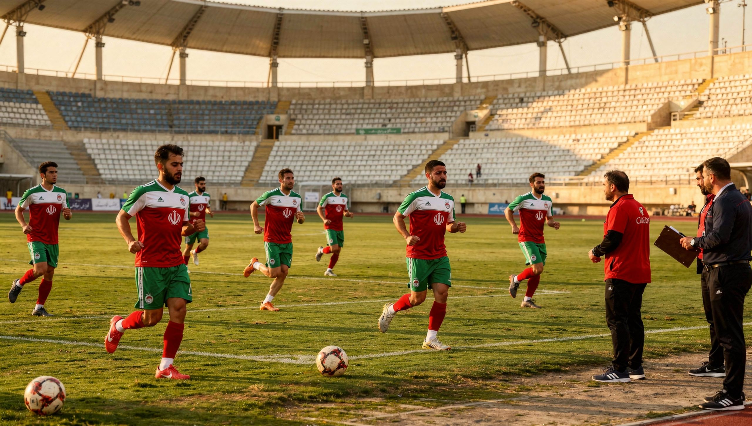 Iran national football team training at Azadi Stadium exterior in Tehran.