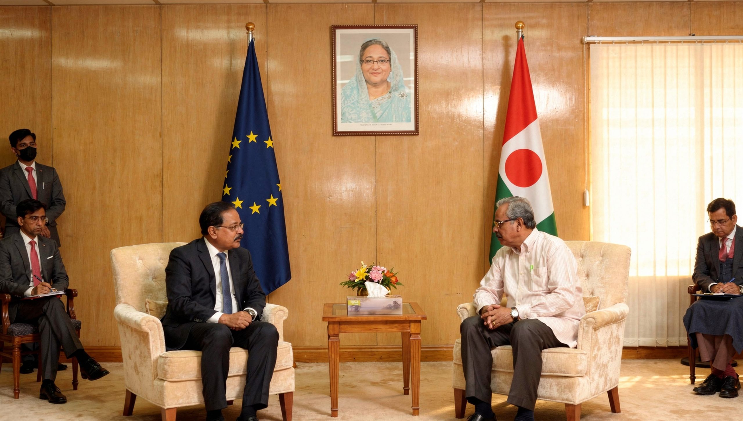 EU ambassador and opposition leader meeting exterior in Dhaka.
