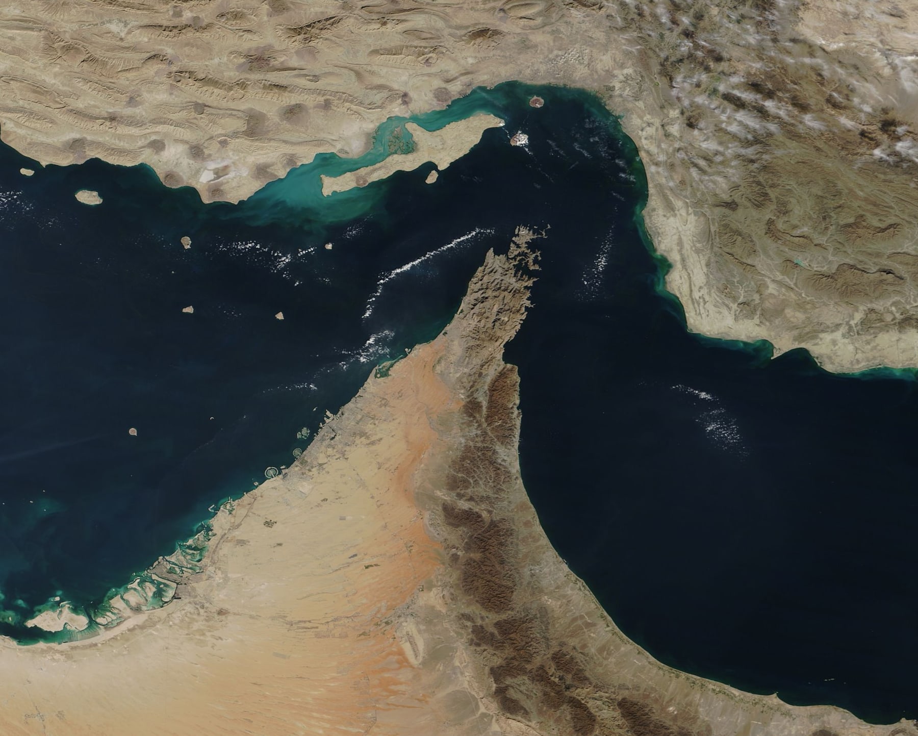Satellite view of the Strait of Hormuz between Iran and the Musandam Peninsula